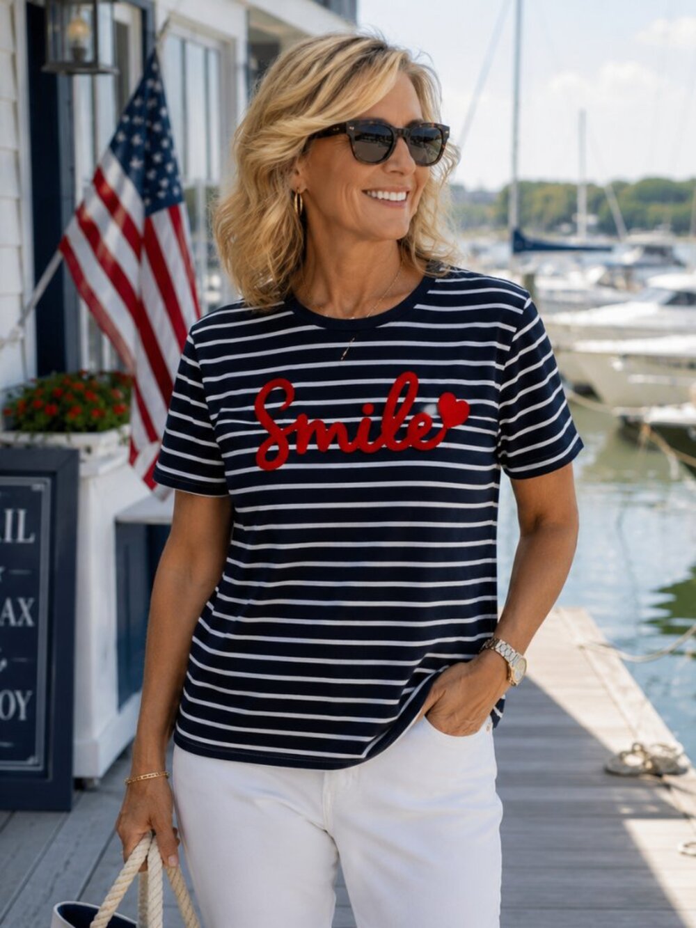 SHEIN Women's Medium Navy & White Striped "Smile" Graphic French Inspired Tee